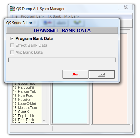 QS Dump ALL Sysex Manager Transmit Bank Data dialogue box