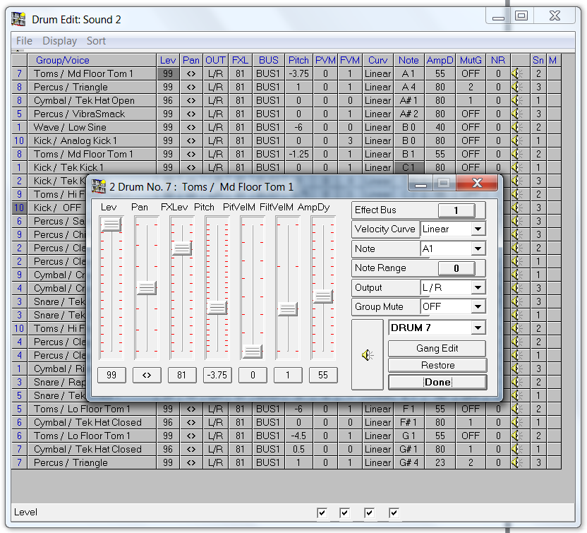 QS Edit Pro Drum Mode sound parameter adjustment window