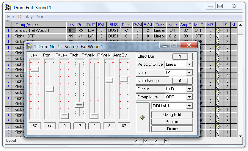 QS Edit Pro Drum Sound Edit window, FatWood 1 settings
