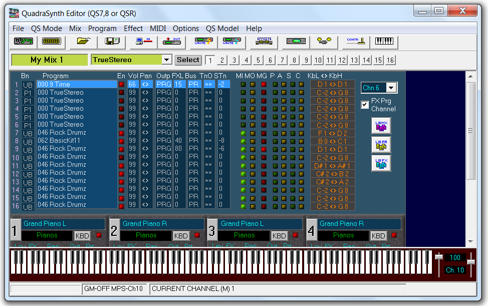QS Edit Pro Mix mode window, layered Programs using Mix Group