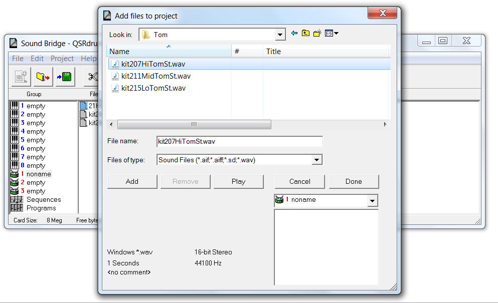 Sound Bridge Add files to project window, showing kit207HiTomSt file