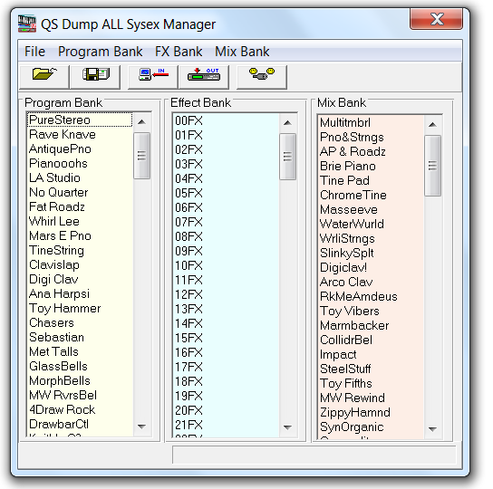 QS Edit Pro Dump ALL Sysex Manager window showing received User bank data