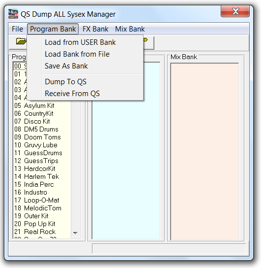 QS Dump ALL Sysex Manager Program Bank menu, Dump to QS