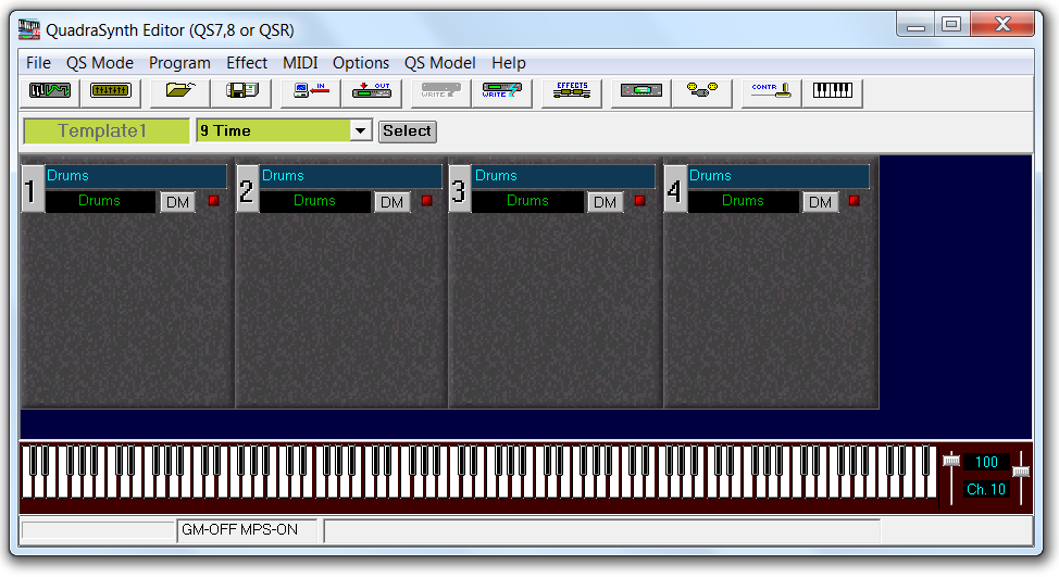 QS Edit Pro Program Mode window, all sound layers set to Drum mode