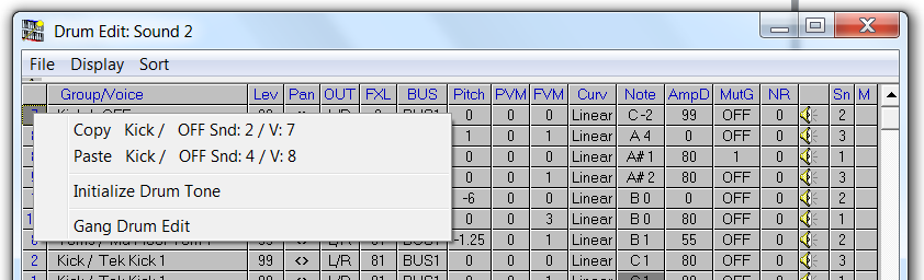 QS Edit Pro Drum Edit window, copy initialized row