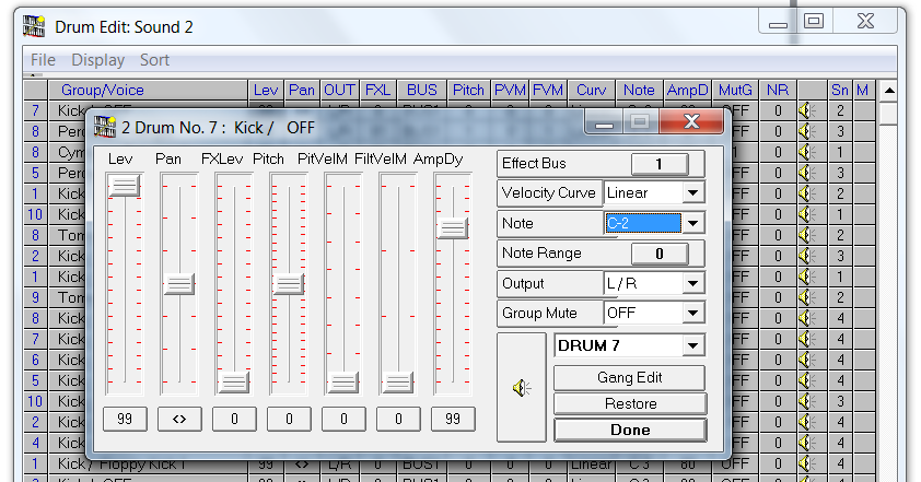 QS Edit Pro Drum Sound Edit window, initial settings for template