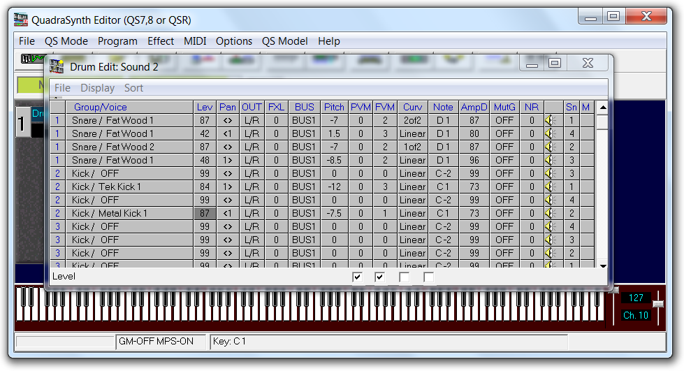 QS Edit Pro Drum Edit window, kick drum layers 1 and 2