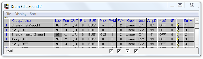 QS Edit Pro Drum Edit window, MasterSnare 1 settings