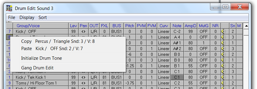QS Edit Pro Drum Edit window, paste initialized row