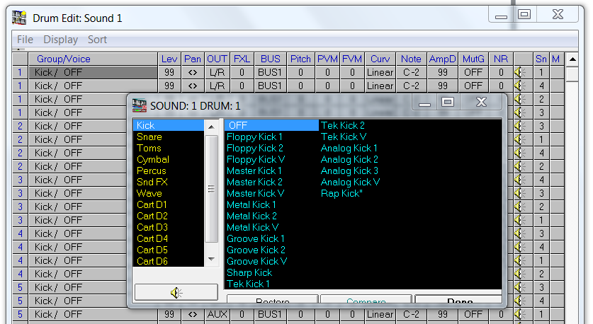 QS Edit Pro Drum Sound Sample Select window