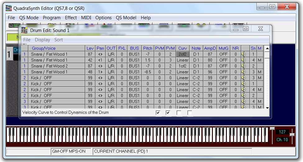 QS Edit Pro Drum Edit window, settings for snare drum velocity crossfading