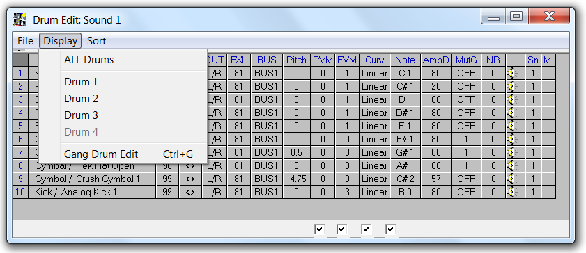 Drum Edit window in QS Edit Pro, Display menu