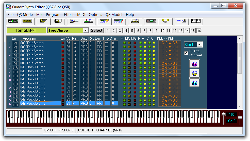 QS Edit Pro Mix mode showing "Rock Drumz" in channels 7-16