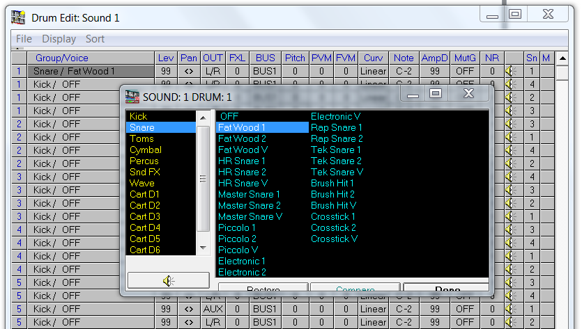 QS Edit Pro Drum Sample Select window, Fat Wood 1 sample selected