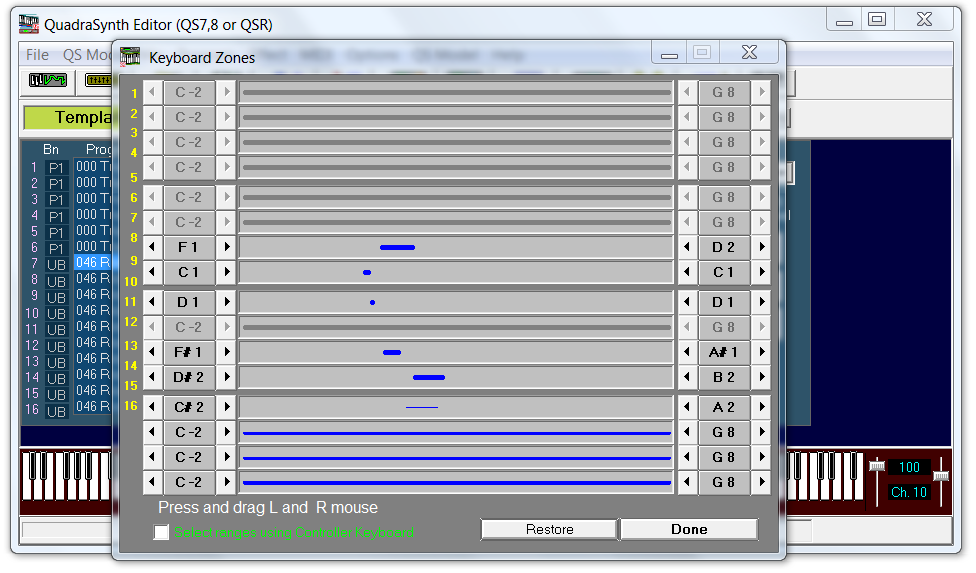 QS Edit Pro Keyboard Zone window, drum note range settings