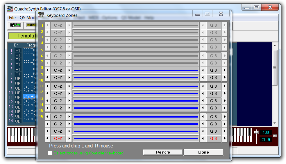 QS Edit Pro Keyboard Zones window