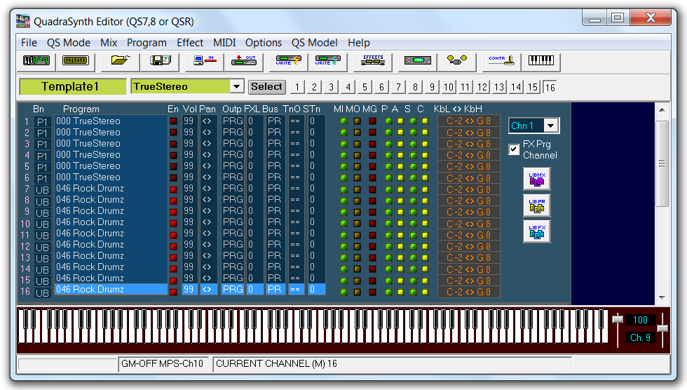 QS Edit Pro Mix mode screen, channels 7-16 enabled
