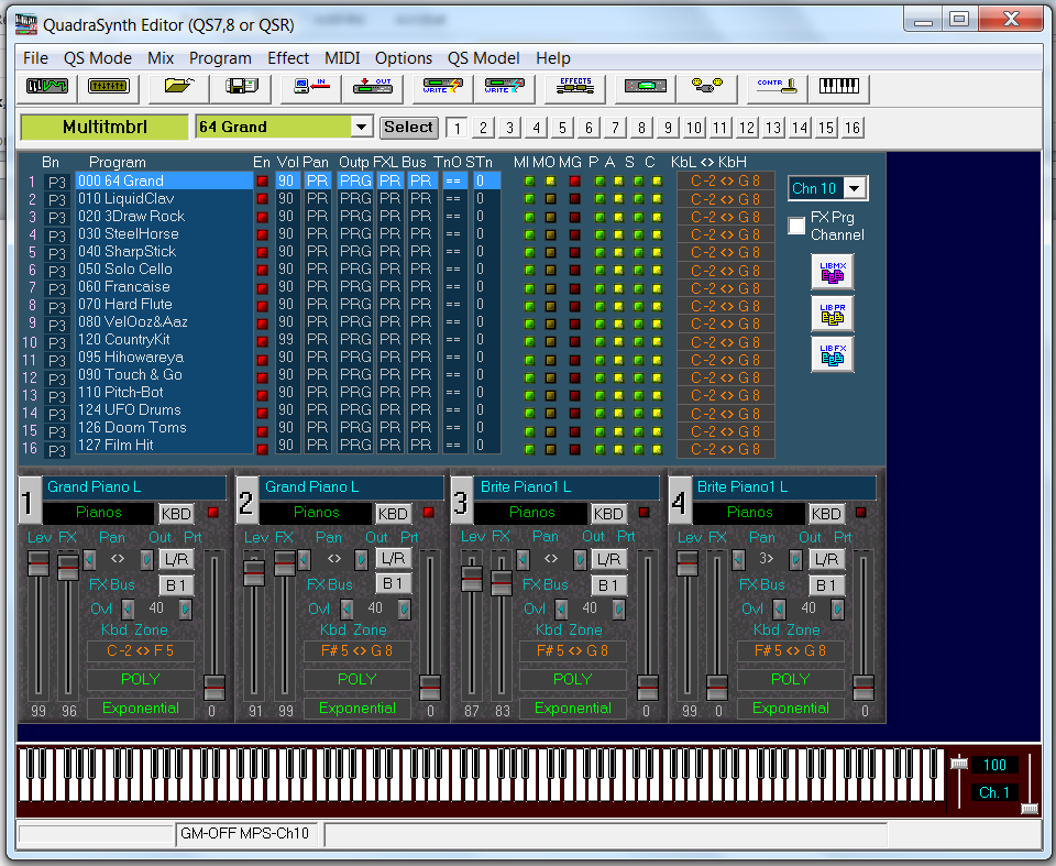 QS Edit Pro Mix mode screen, expanded to show selected Program sound layers
