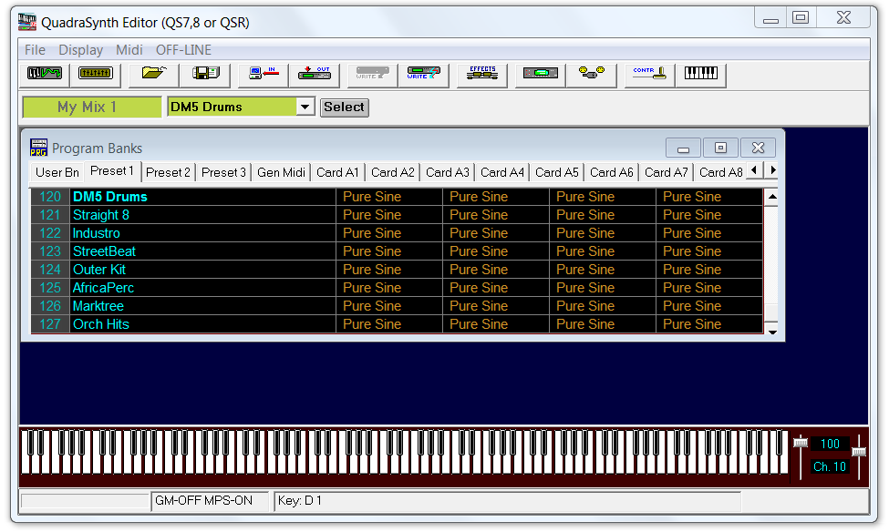 QS Edit Pro Program Banks window, select DM5 Drums Program