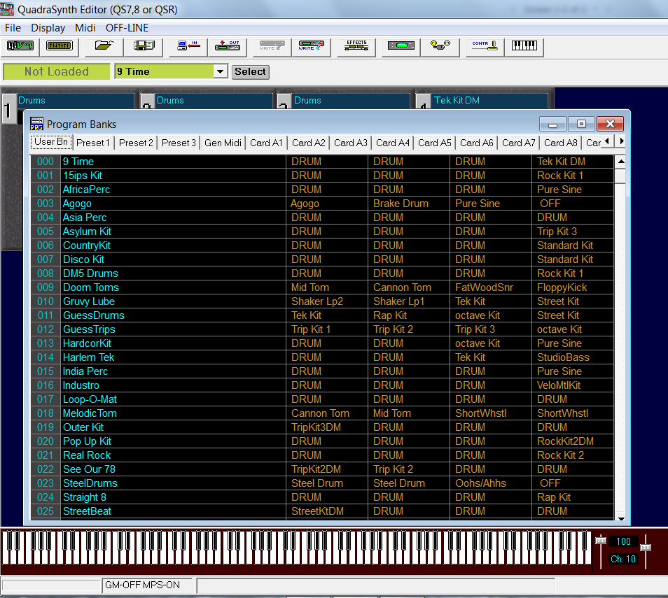 QS Edit Pro program select window, QS drum programs in User bank