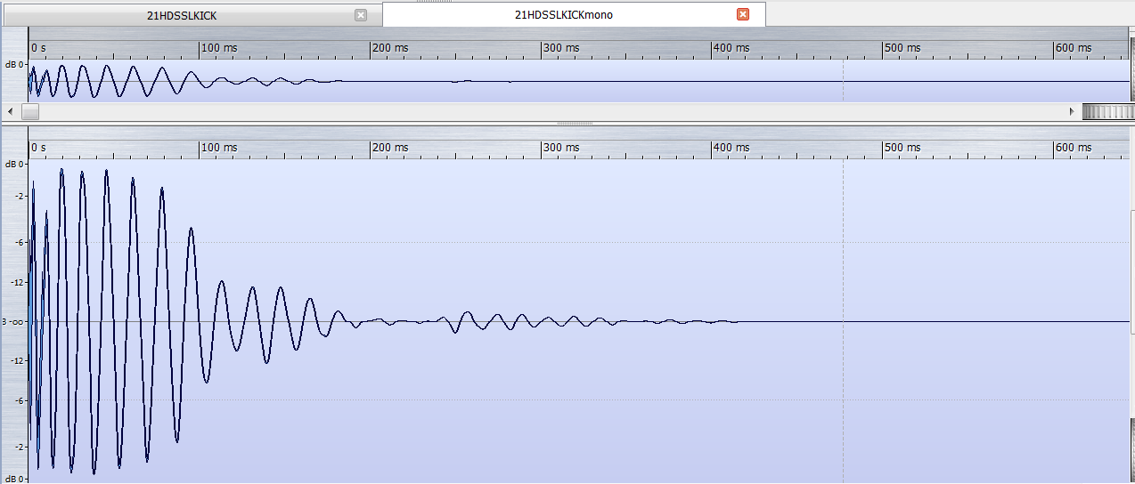 Mono kick sample waveform in Wavelab Elements.