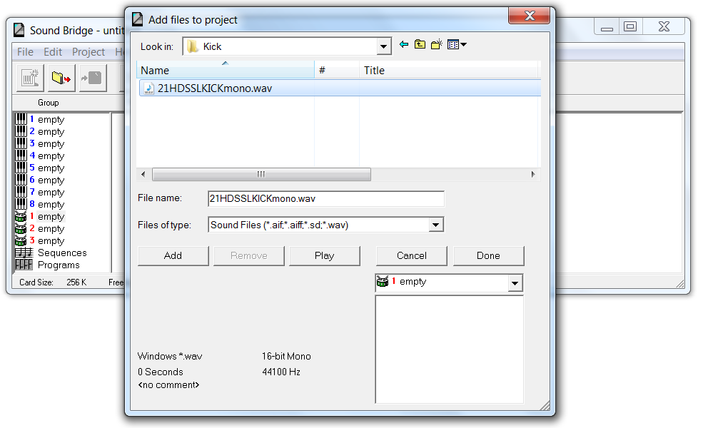 Sound Bridge Add files to project window, 21HDSSLKICK sample