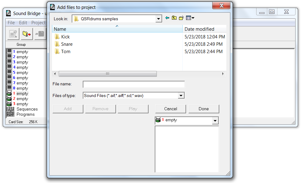 Sound Bridge Add files to project window