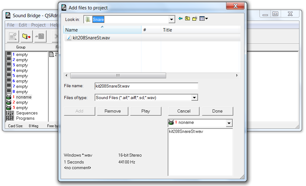 Sound Bridge Add files to project window, showing kit208SnareSt file