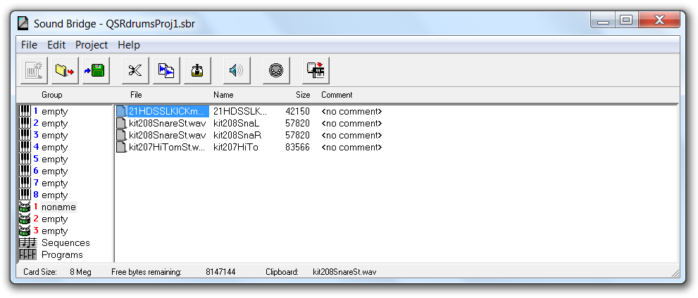 Sound Bridge Project window, showing kit207HiTom mono file