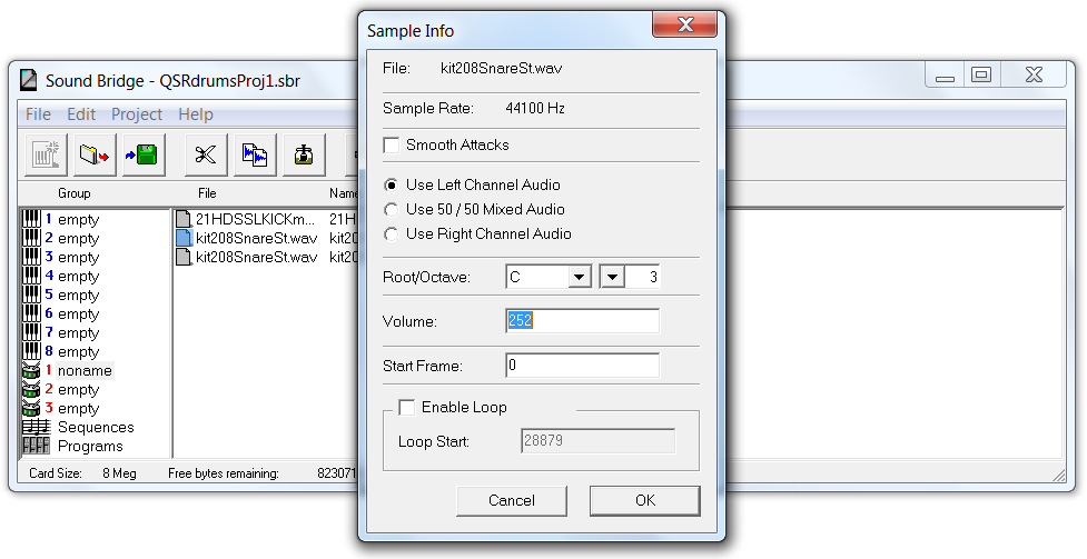 Sound Bridge Sample Info window, showing split stereo Voice