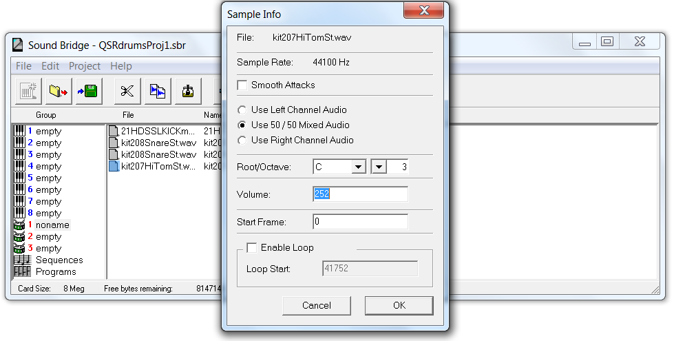 Sound Bridge voice info window, stereo conversion to mono